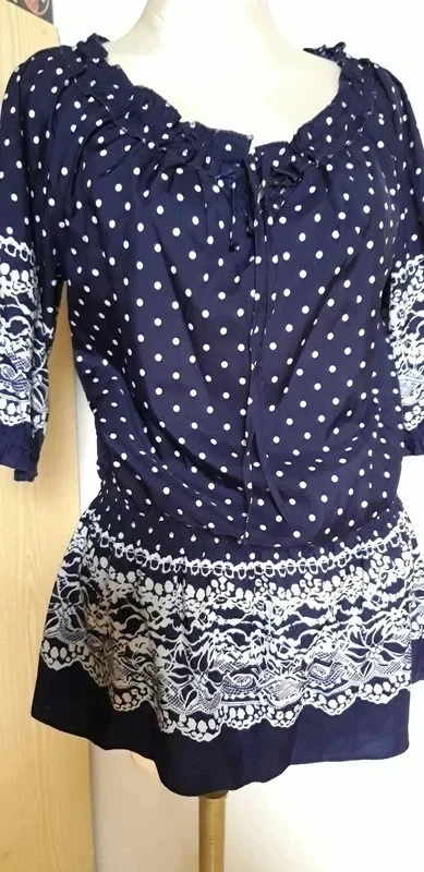 blouse tunique marine pois blanc manches 3/4 taille 38